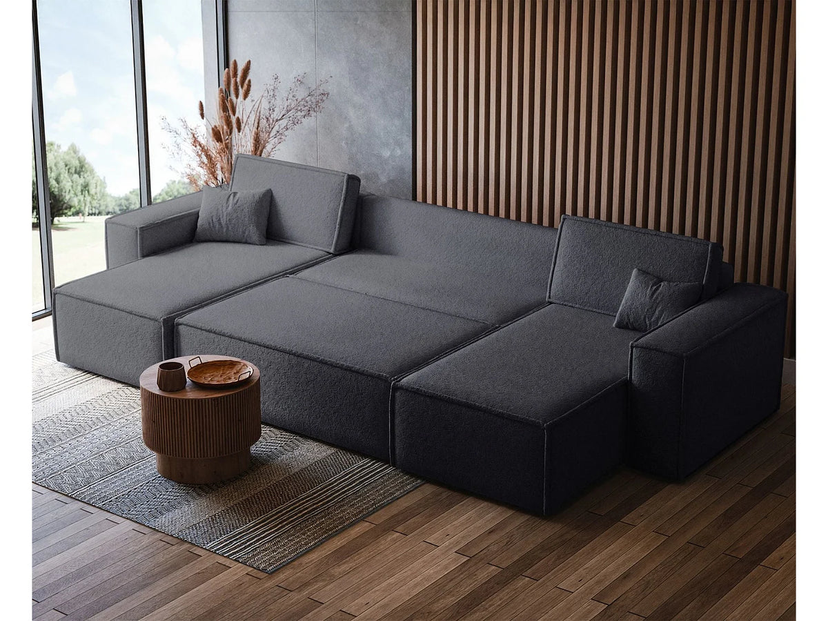 Canapé Panoramique d'Angle Convertible en Tissu Gris 5 Places - SCARLO