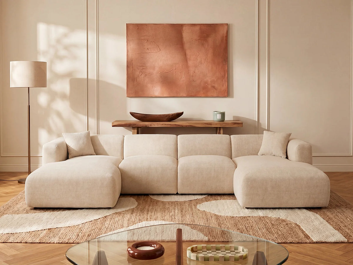 Canapé Panoramique d'Angle XXL Modulable en Tissu Beige - POGNI