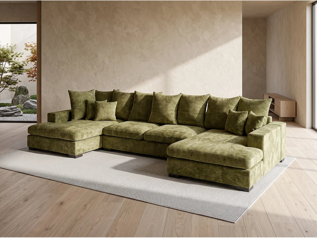 Canapé Panoramique d'Angle XXL en Tissu Vert 5 Places - SELLO