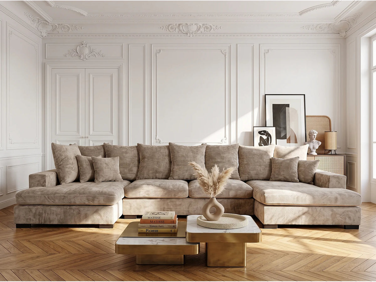Canapé Panoramique d'Angle XXL en Tissu Beige 5 Places - SELLO