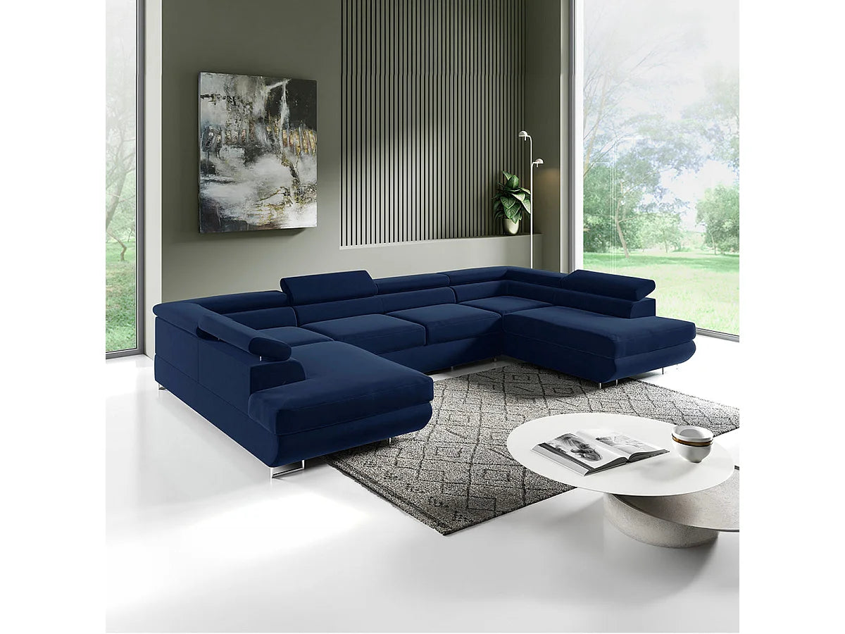 Canapé Panoramique d'Angle Convertible avec Coffre en Velours Bleu nuit 5 Places - LYAM