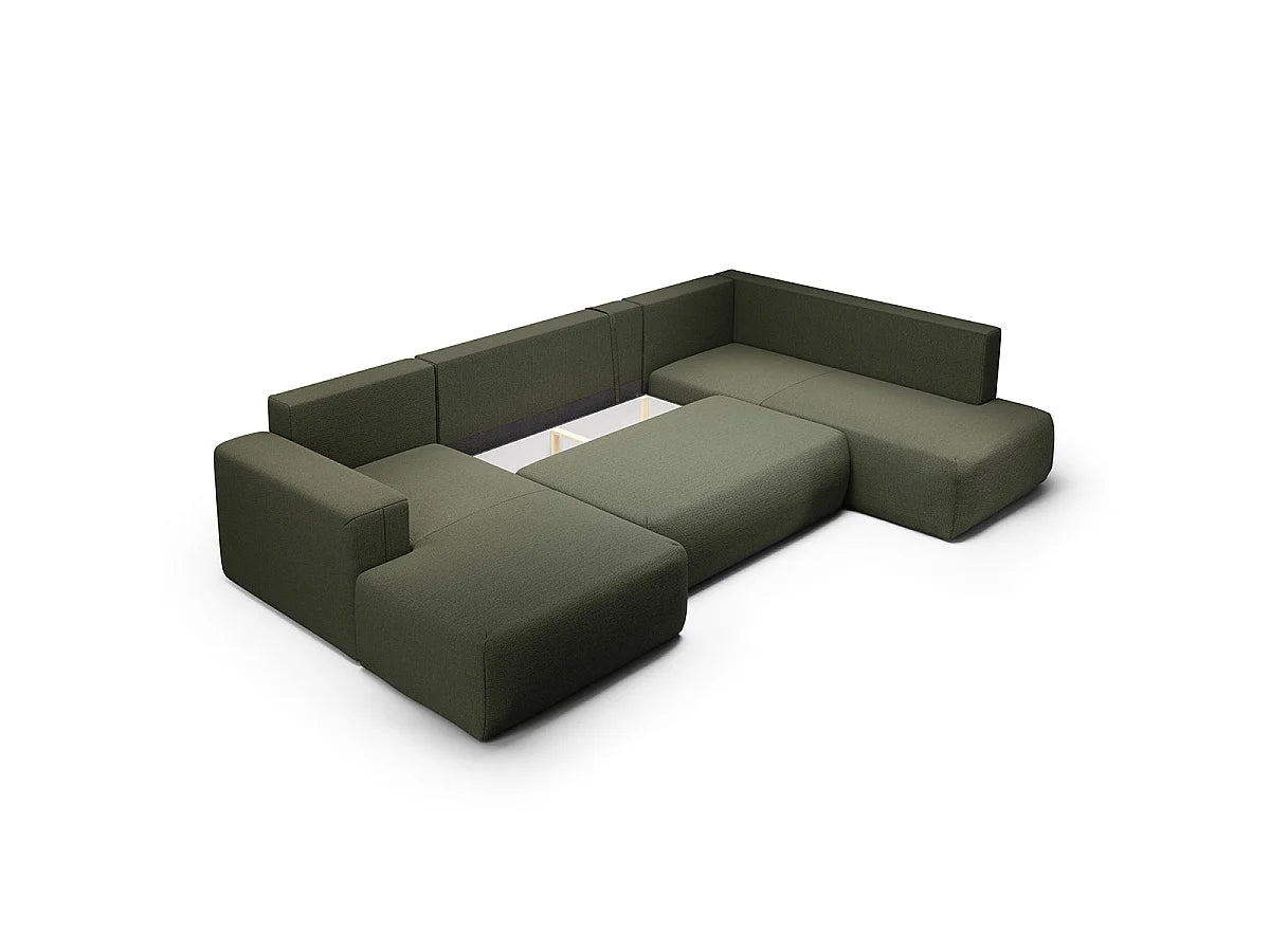 Canapé Panoramique d'Angle Convertible avec Coffre en Tissu Vert Sapin 5 Places - BLISS