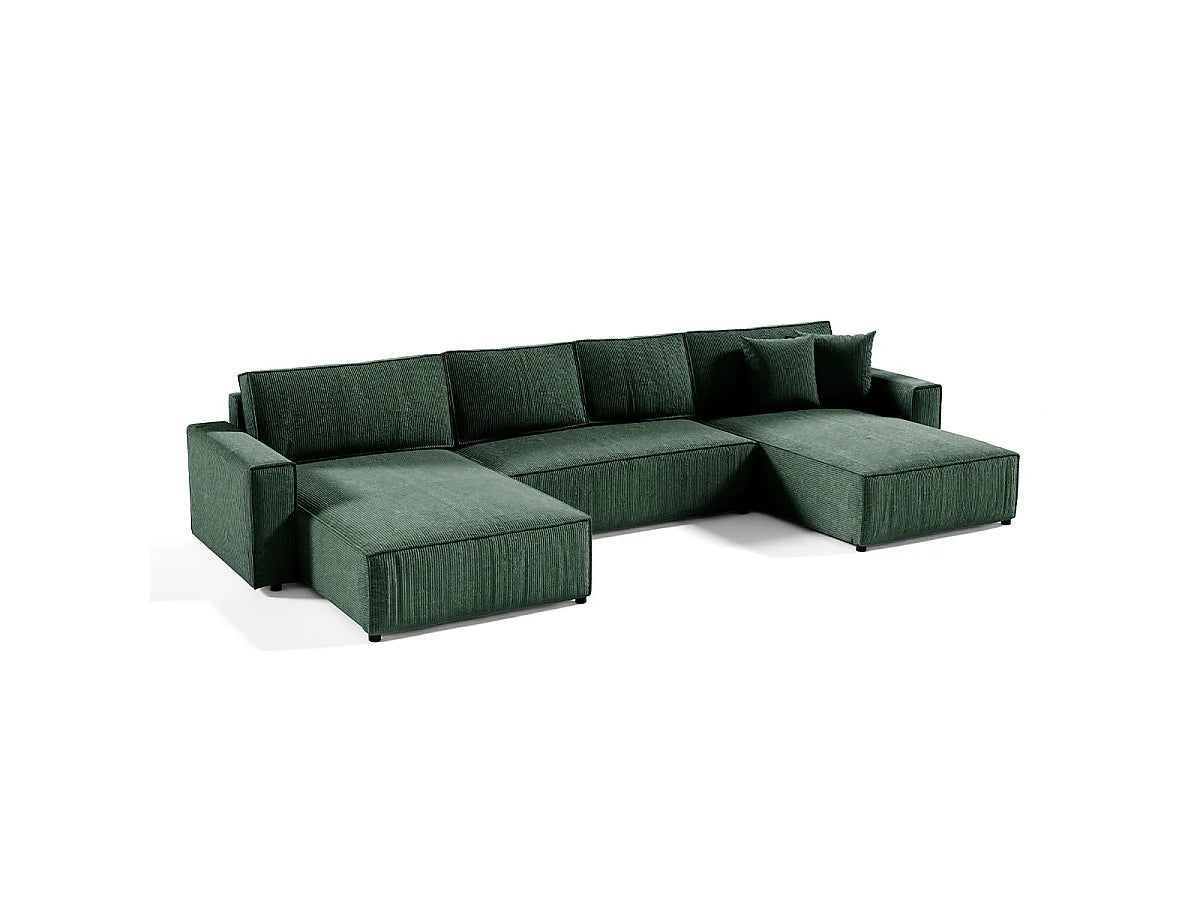 Canapé Panoramique d'Angle XXL Convertible avec Coffre en Velours Vert Sapin 5 Places - ISAAC