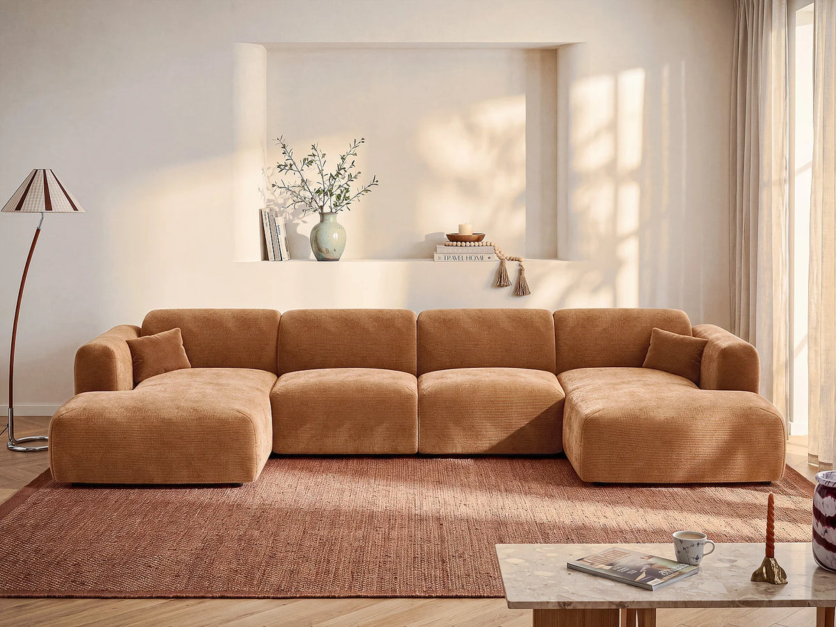 Canapé Panoramique d'Angle XXL en Velours Côtelé Terracotta - POGNI