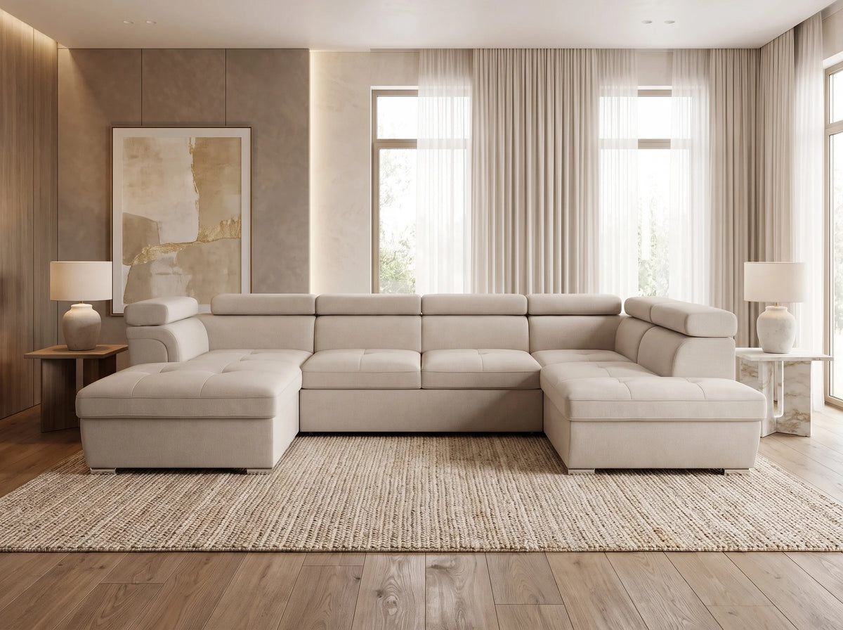 Canapé Panoramique d'Angle Convertible avec Coffre en Tissu Beige 6 Places - PAOLA