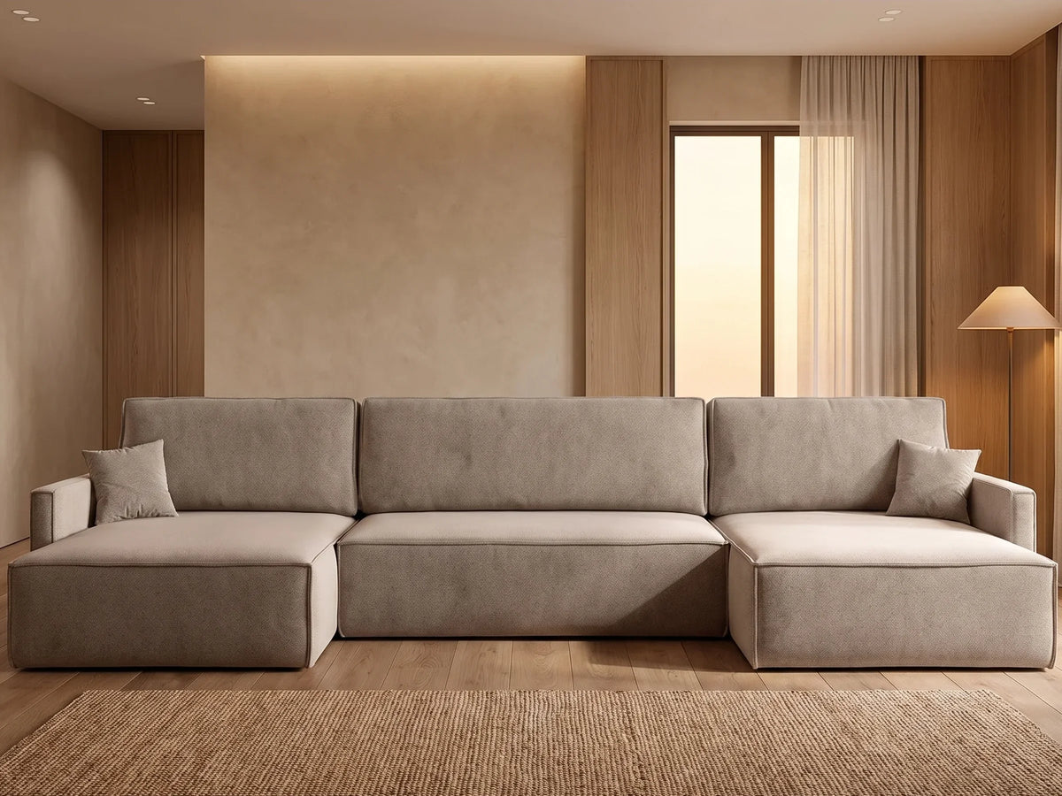 Canapé Panoramique d'Angle Convertible avec Coffre en Tissu Marron / Beige 4 Places - CARLOS