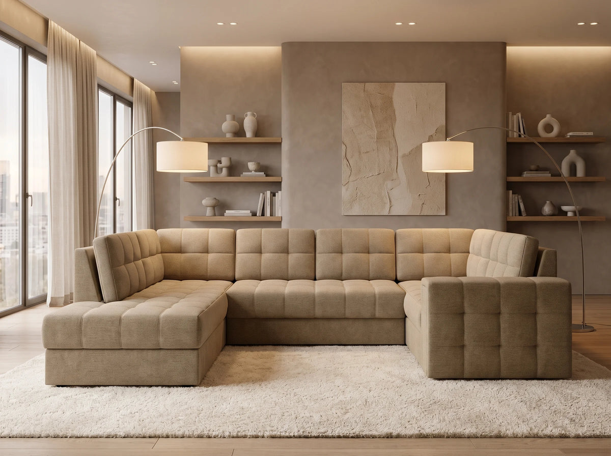 Canapé Panoramique d'Angle Convertible avec Coffre en Velours Beige 5 Places - ARIANE (Réf. 9654)