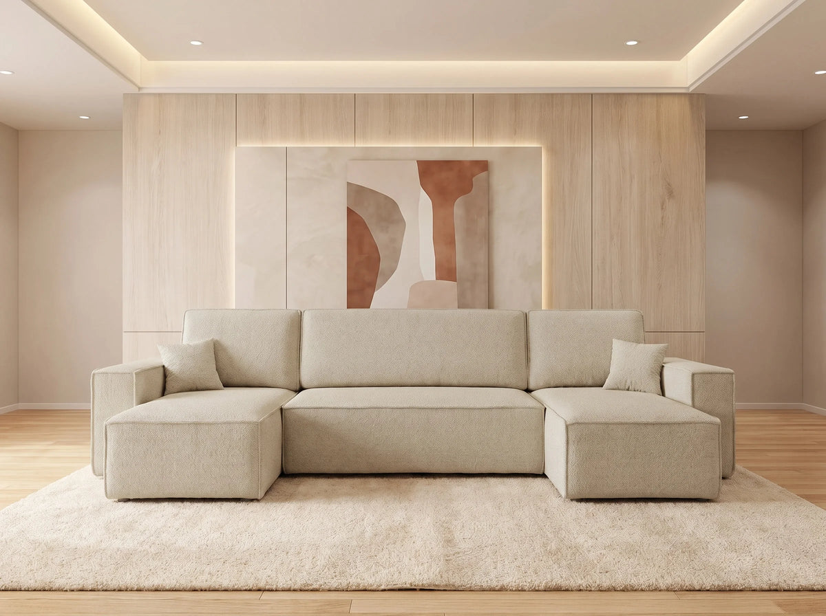 Canapé Panoramique d'Angle Convertible en Bouclette Beige 6 Places - FARAH