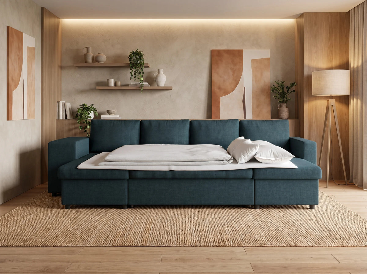 Canapé Panoramique d'Angle Convertible en Tissu Bleu 8 Places - OSLO