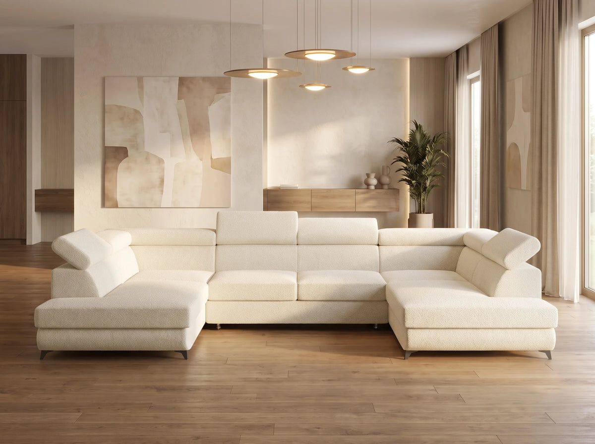 Canapé Panoramique d'Angle Convertible en Tissu Crème 6 Places - VINTESSA