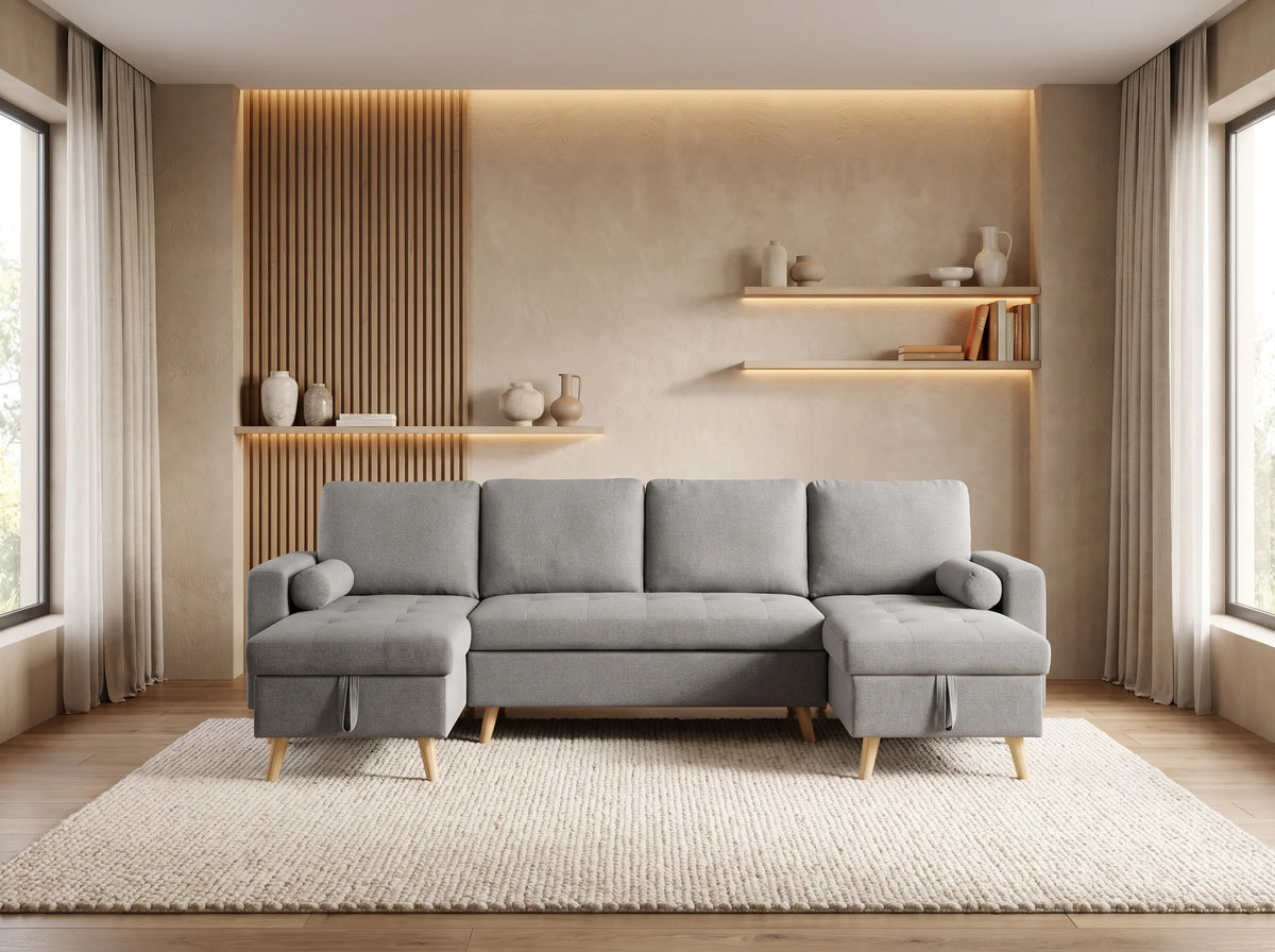 Canapé Panoramique d'Angle Convertible en Tissu Gris clair - KORI