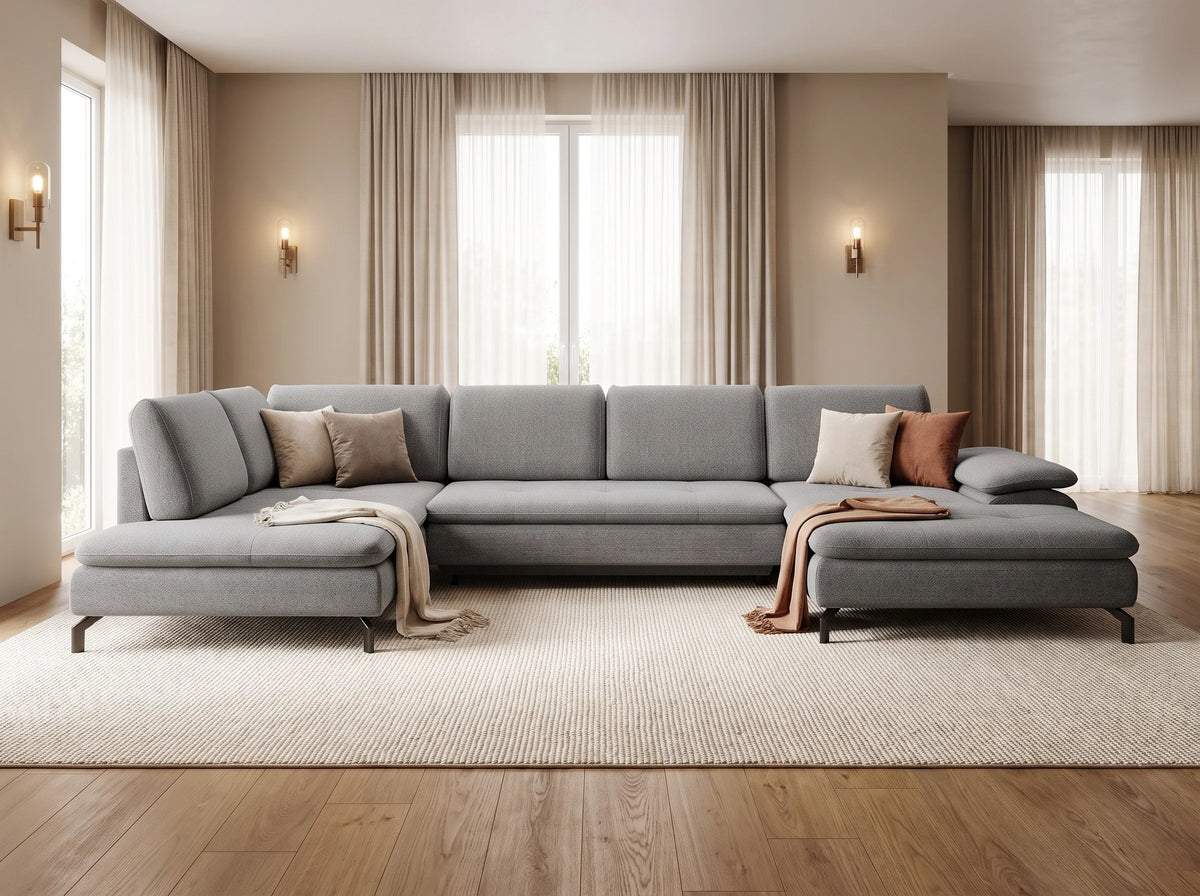 Canapé Panoramique d'Angle Droit Convertible en Tissu Gris - ARCHIBALD