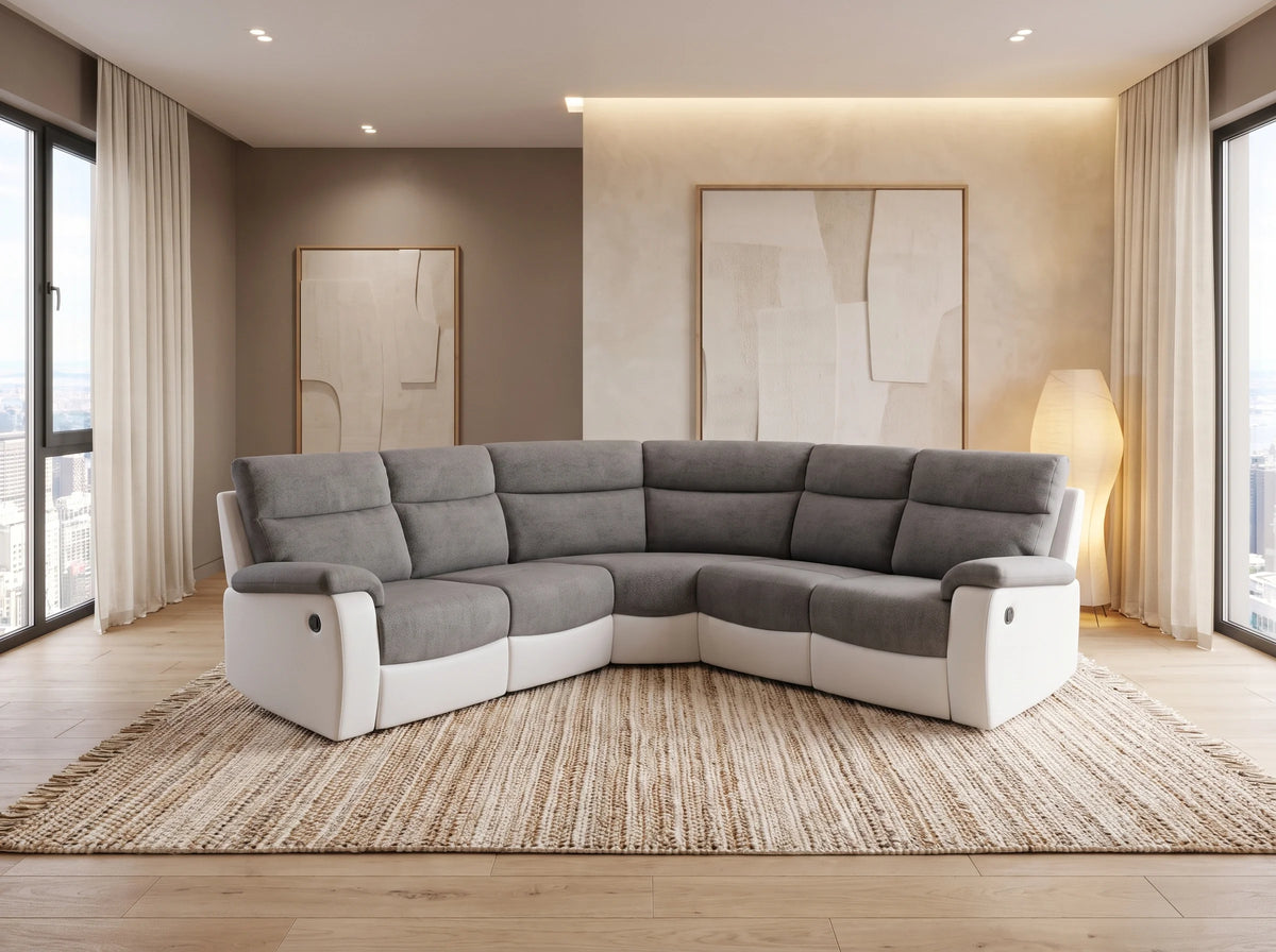 Canapé Panoramique d'Angle en Microfibre Gris / Blanc 6 Places - OSCAR