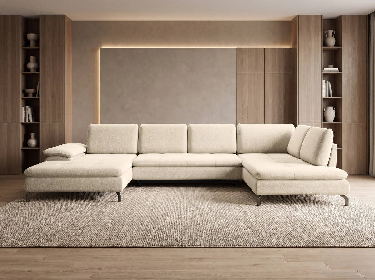 Canapé Panoramique d'Angle Gauche Convertible en Tissu Beige - ARCHIBALD