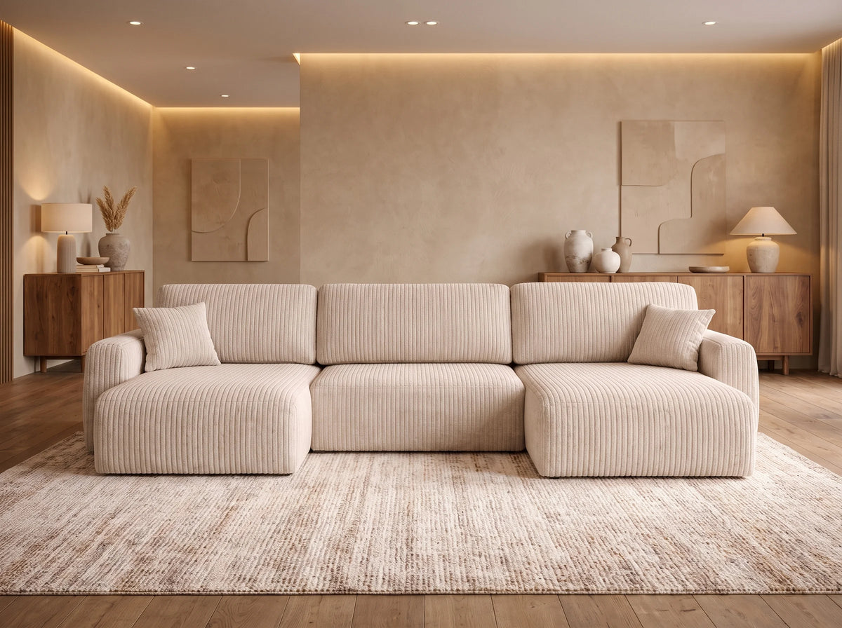 Canapé Panoramique d'Angle XXL Convertible avec Coffre en Tissu Beige 6 Places - ARIEL