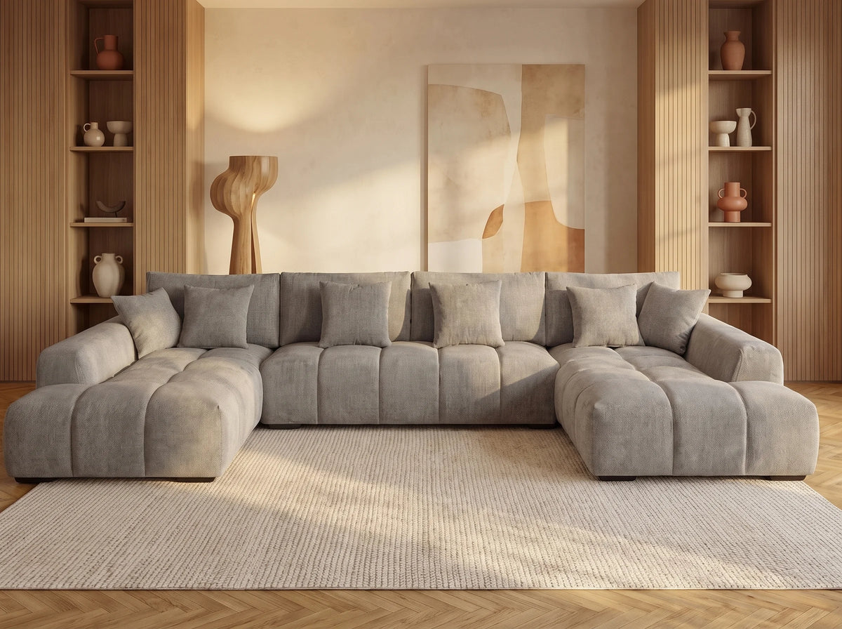 Canapé Panoramique d'Angle XXL en Tissu Gris - BERENIA