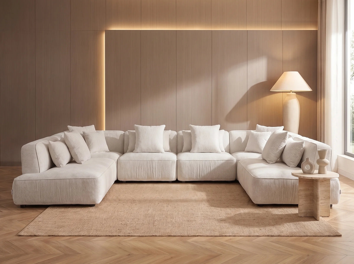 Canapé Panoramique d'Angle XXL Modulable en Chenille Beige - LELACO