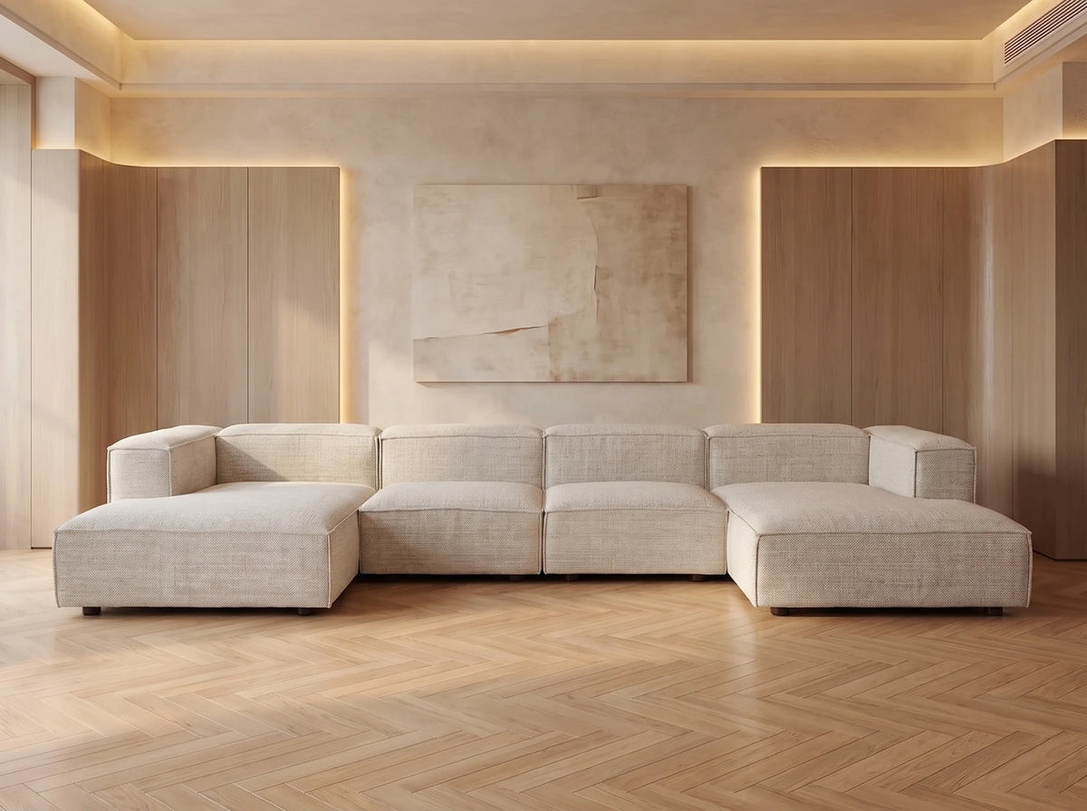 Canapé Panoramique d'Angle XXL Modulable en Chenille Beige - RUZOLO