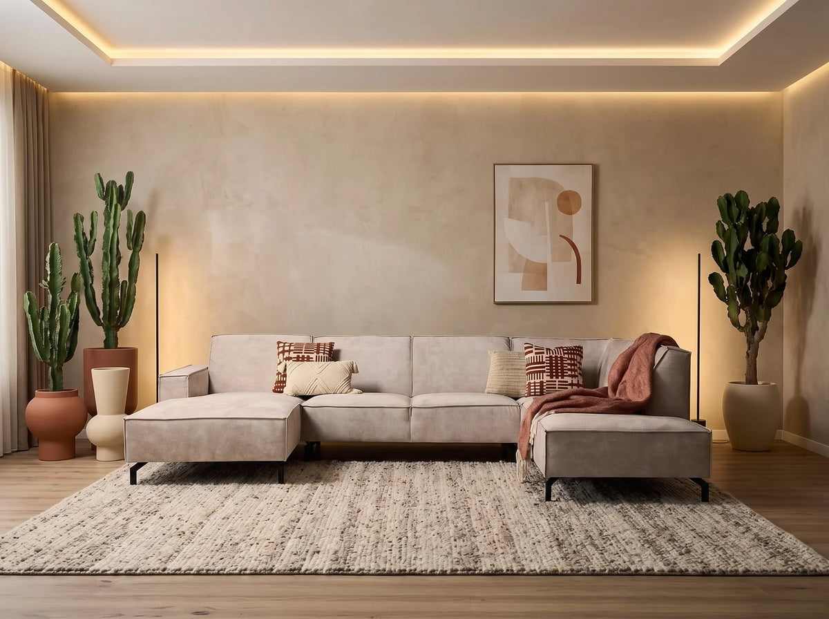 Canapé Panoramique en U en Tissu Beige - RIVOLI