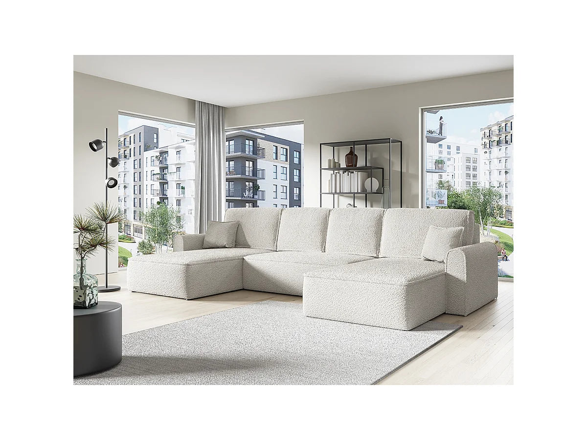 Canapé Panoramique d'Angle XXL Convertible avec Coffre en Tissu Blanc 5 Places - VALENTIN