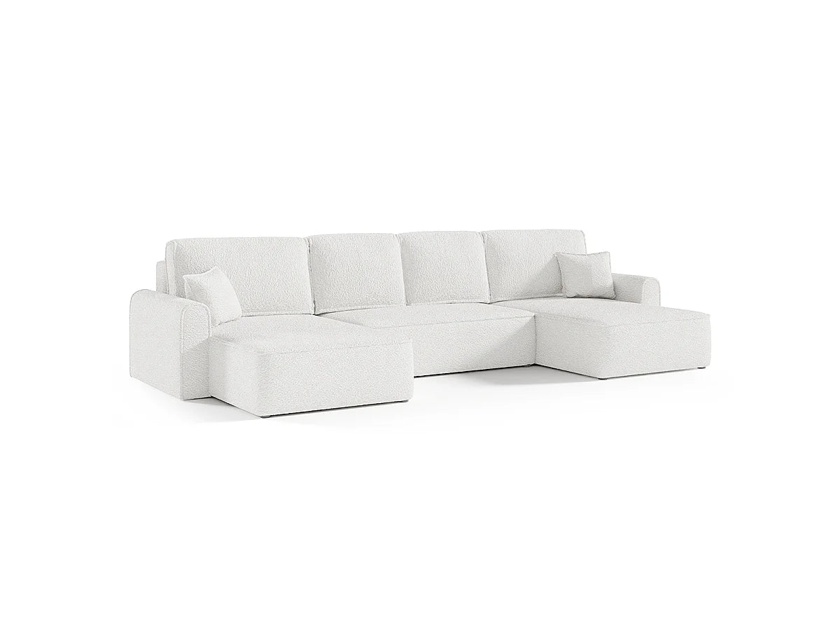 Canapé Panoramique d'Angle XXL Convertible avec Coffre en Tissu Blanc 5 Places - VALENTIN