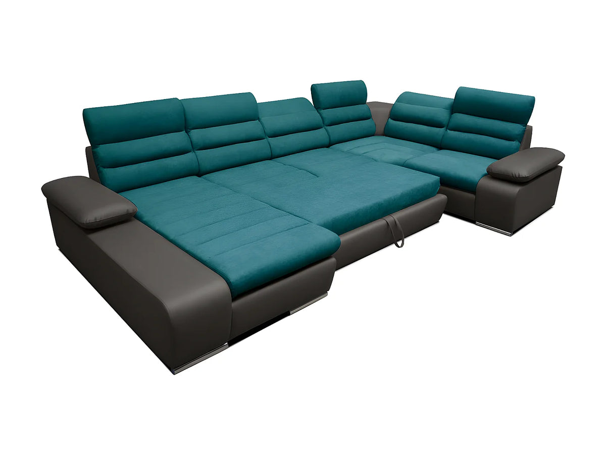 Canapé Panoramique d'Angle Gauche XXL Convertible en Tissu Gris anthracite / Bleu turquoise - BOILEAU