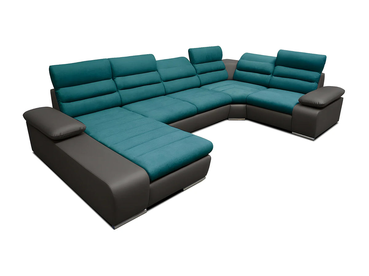 Canapé Panoramique d'Angle Gauche XXL Convertible en Tissu Gris anthracite / Bleu turquoise - BOILEAU