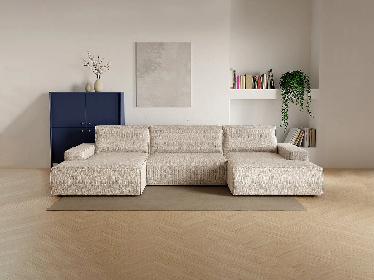 Canapé Panoramique d'Angle XXL Convertible en Tissu Beige - AMELIA