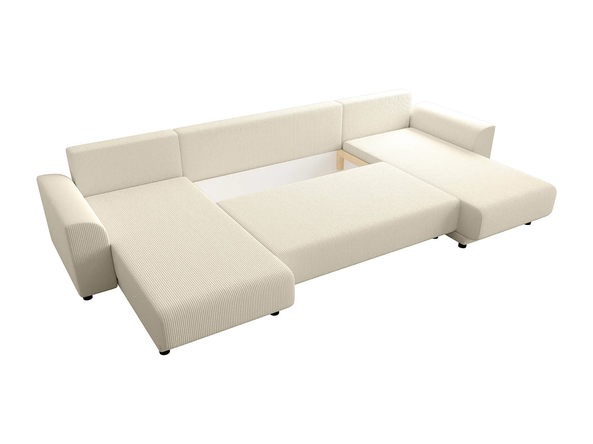 Canapé Panoramique d'Angle Convertible en Velours Côtelé Beige - NESSARO