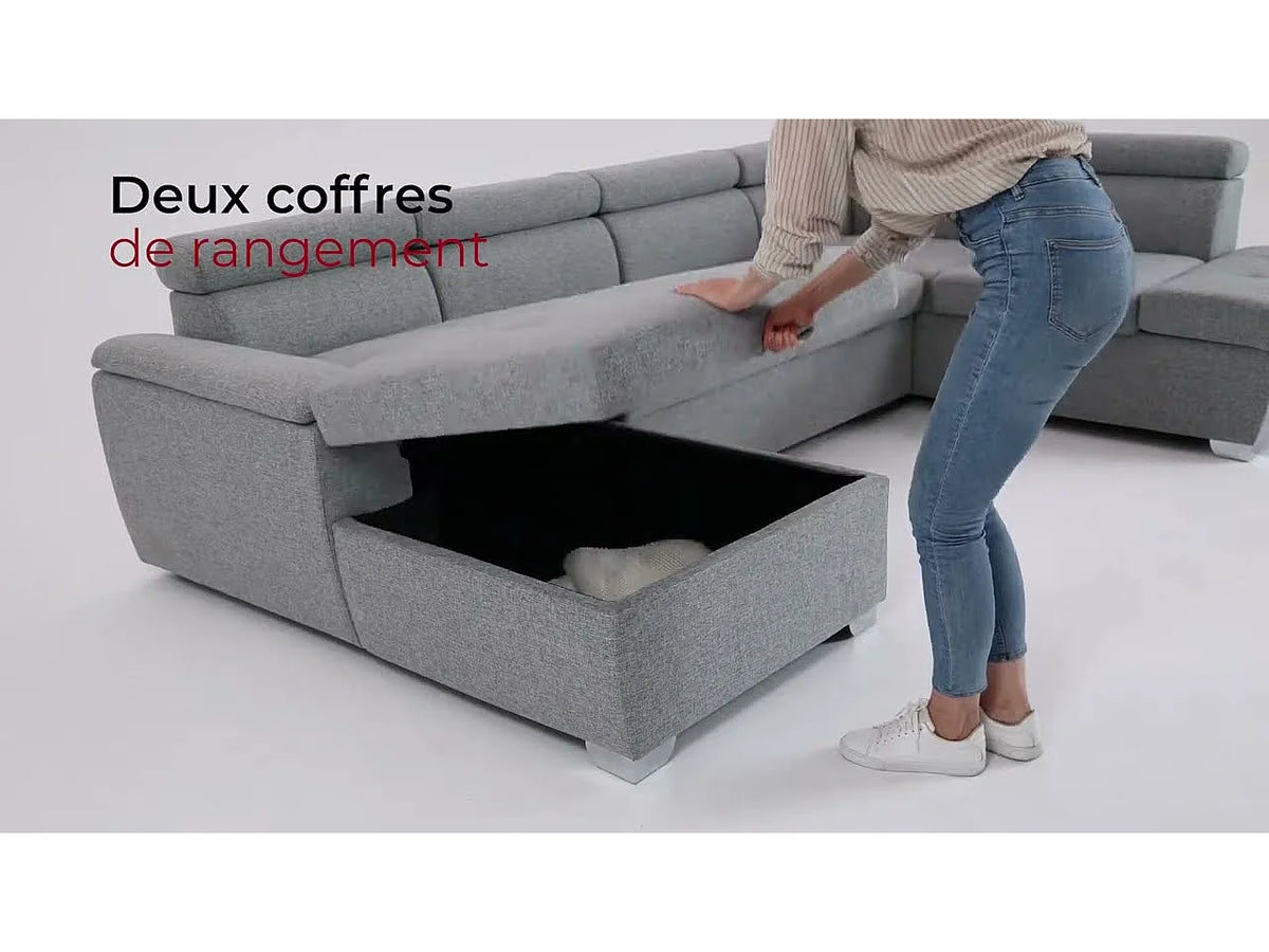 Canapé Panoramique d'Angle Convertible avec Coffre en Tissu Beige 6 Places - PAOLA