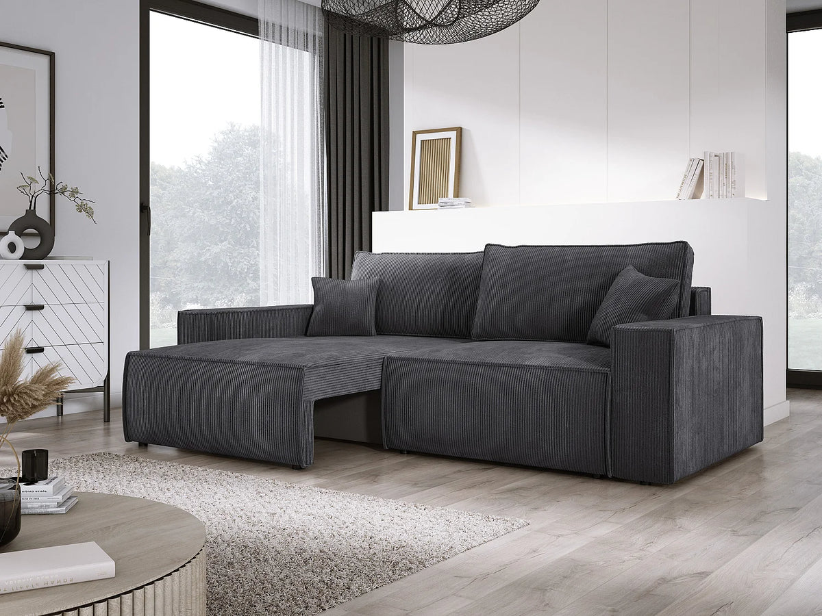 Canapé Panoramique d'Angle Convertible en Tissu Gris anthracite 3 Places - KASJO