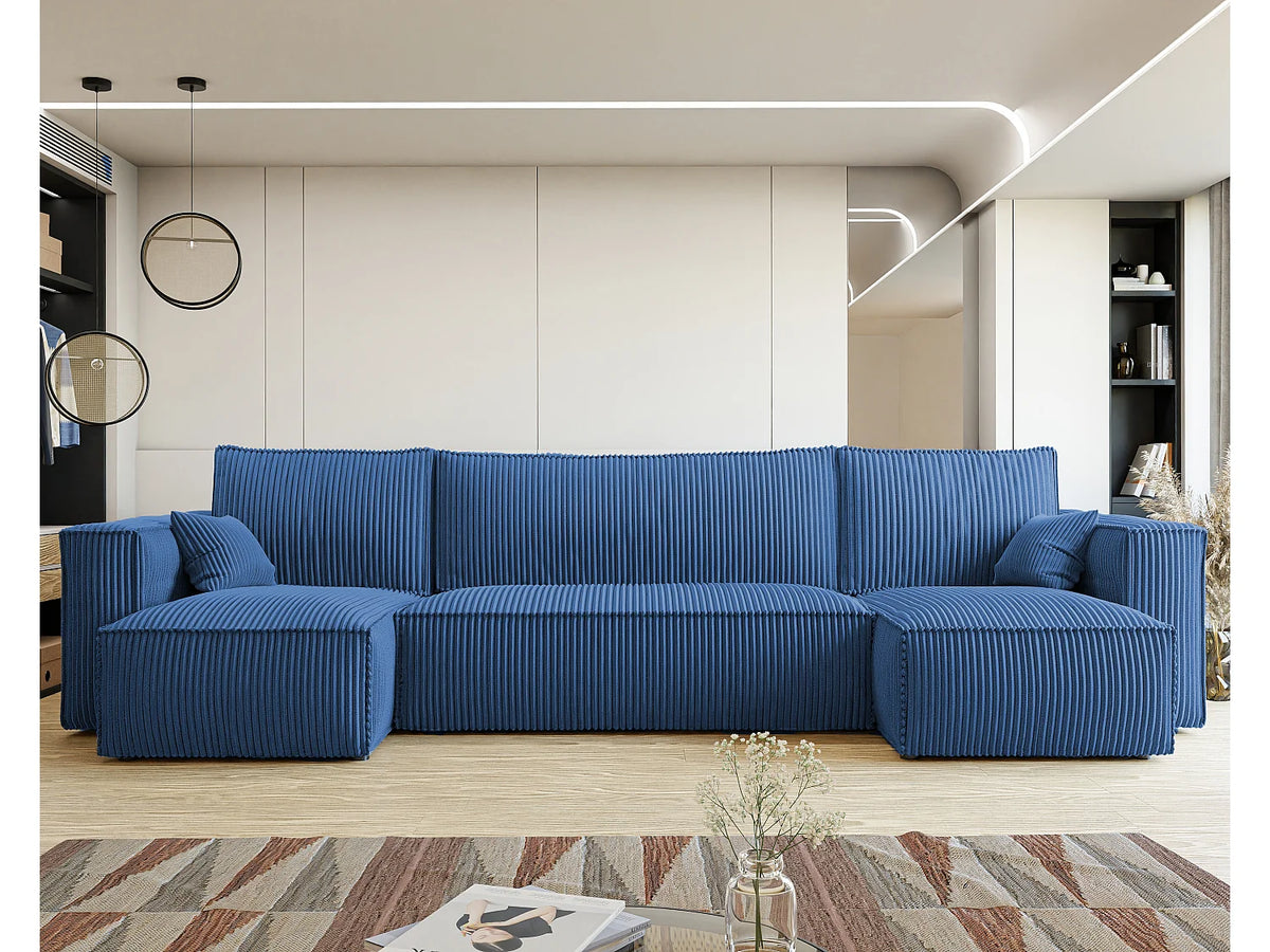 Canapé Panoramique d'Angle Convertible en Tissu Bleu 4 Places - PARIS