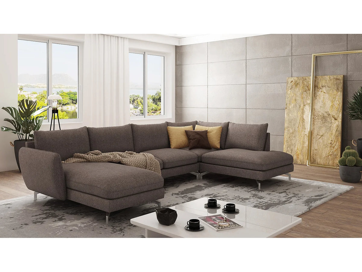 Canapé Panoramique d'Angle en Microfibre Marron 7 Places - ZOE