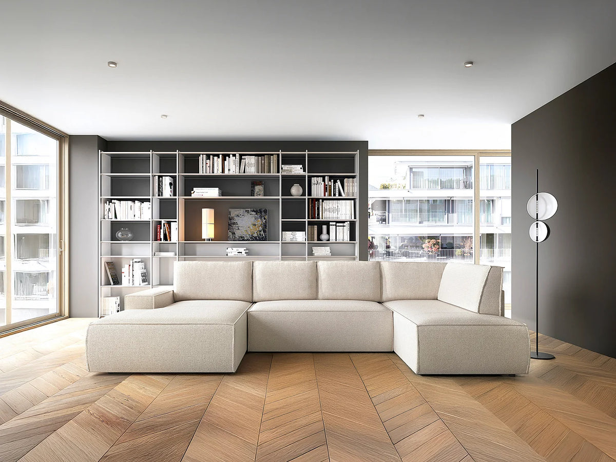 Canapé Panoramique d'Angle Gauche Convertible en Tissu Beige - AMELIA