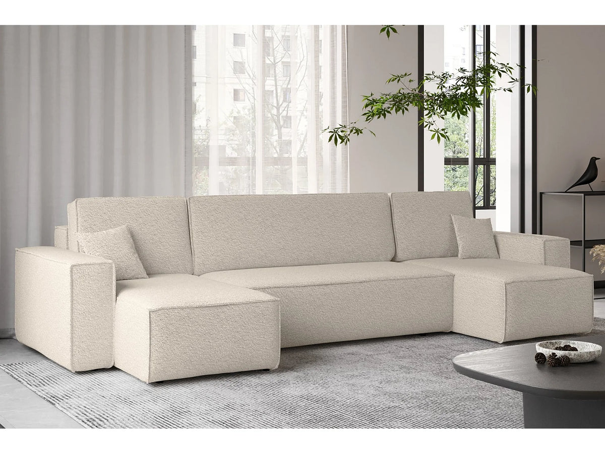 Canapé Panoramique d'Angle Convertible avec Coffre en Tissu Beige 4 Places - BEST