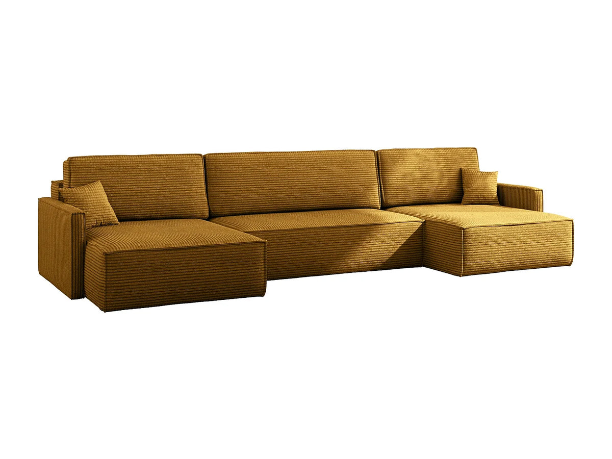 Canapé Panoramique d'Angle Convertible en Tissu Jaune moutarde 5 Places - CARLOS