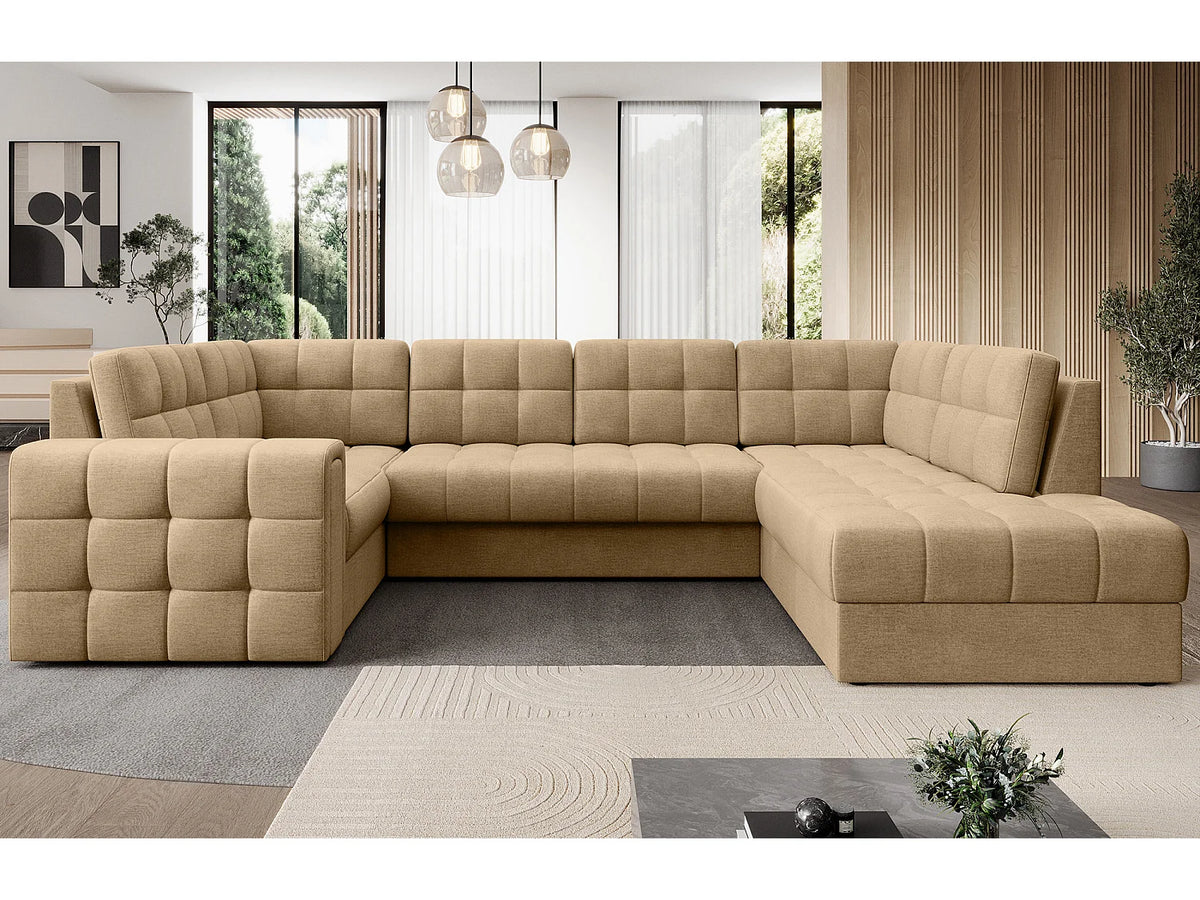 Canapé Panoramique d'Angle Convertible avec Coffre en Velours Beige 5 Places - ARIANE (Réf. 9652)