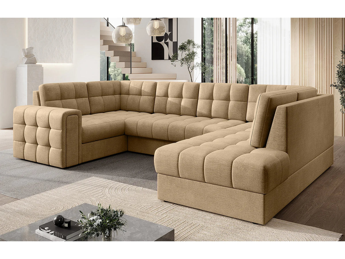 Canapé Panoramique d'Angle Convertible avec Coffre en Velours Beige 5 Places - ARIANE (Réf. 9652)