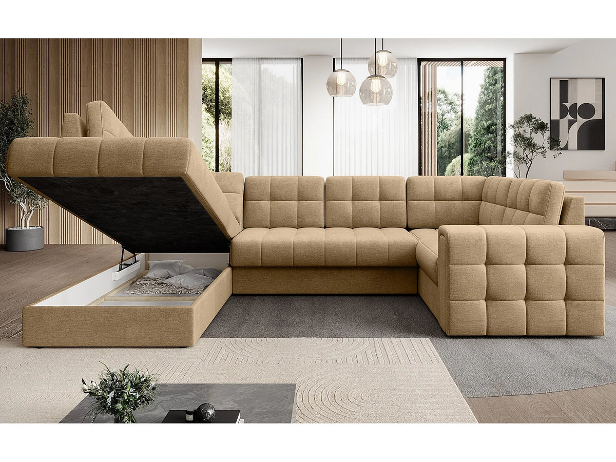 Canapé Panoramique d'Angle Convertible avec Coffre en Velours Beige 5 Places - ARIANE (Réf. 9654)