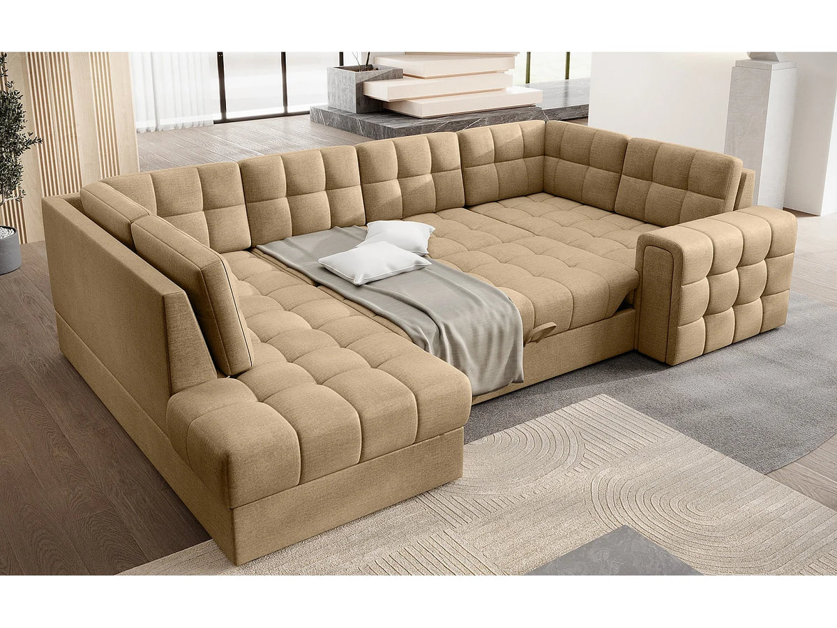Canapé Panoramique d'Angle Convertible avec Coffre en Velours Beige 5 Places - ARIANE (Réf. 9654)