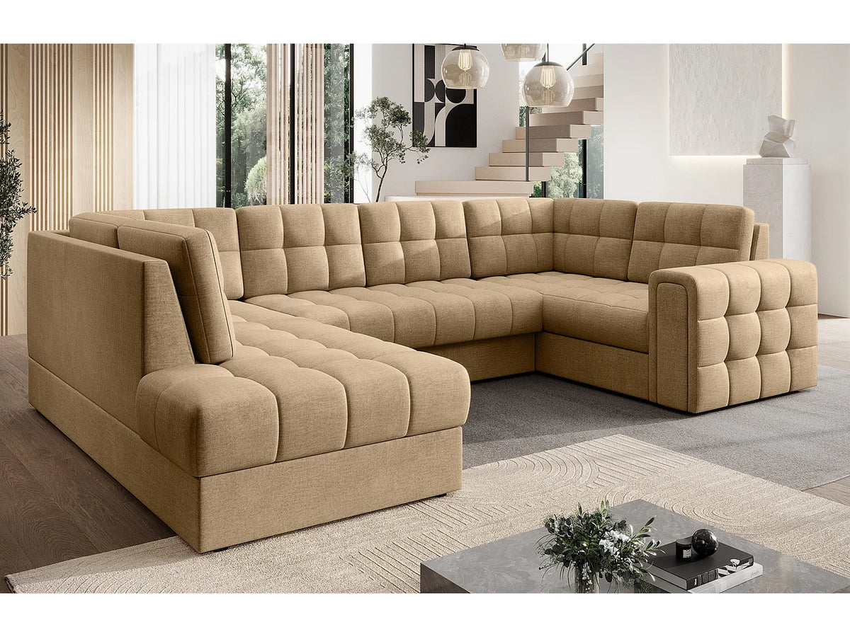 Canapé Panoramique d'Angle Convertible avec Coffre en Velours Beige 5 Places - ARIANE (Réf. 9654)