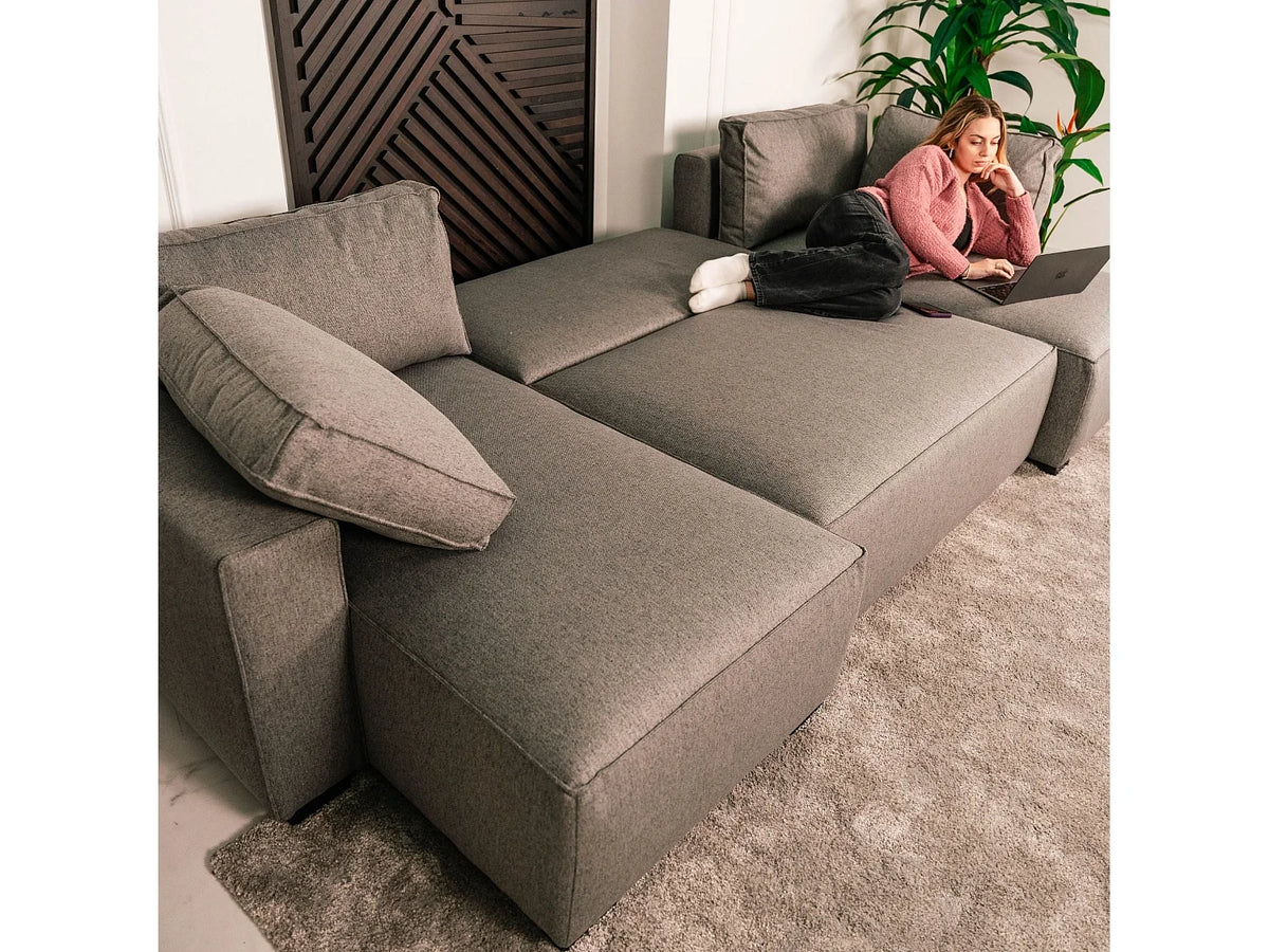 Canapé Panoramique d'Angle Convertible en Tissu Gris 5 Places - JORDAN