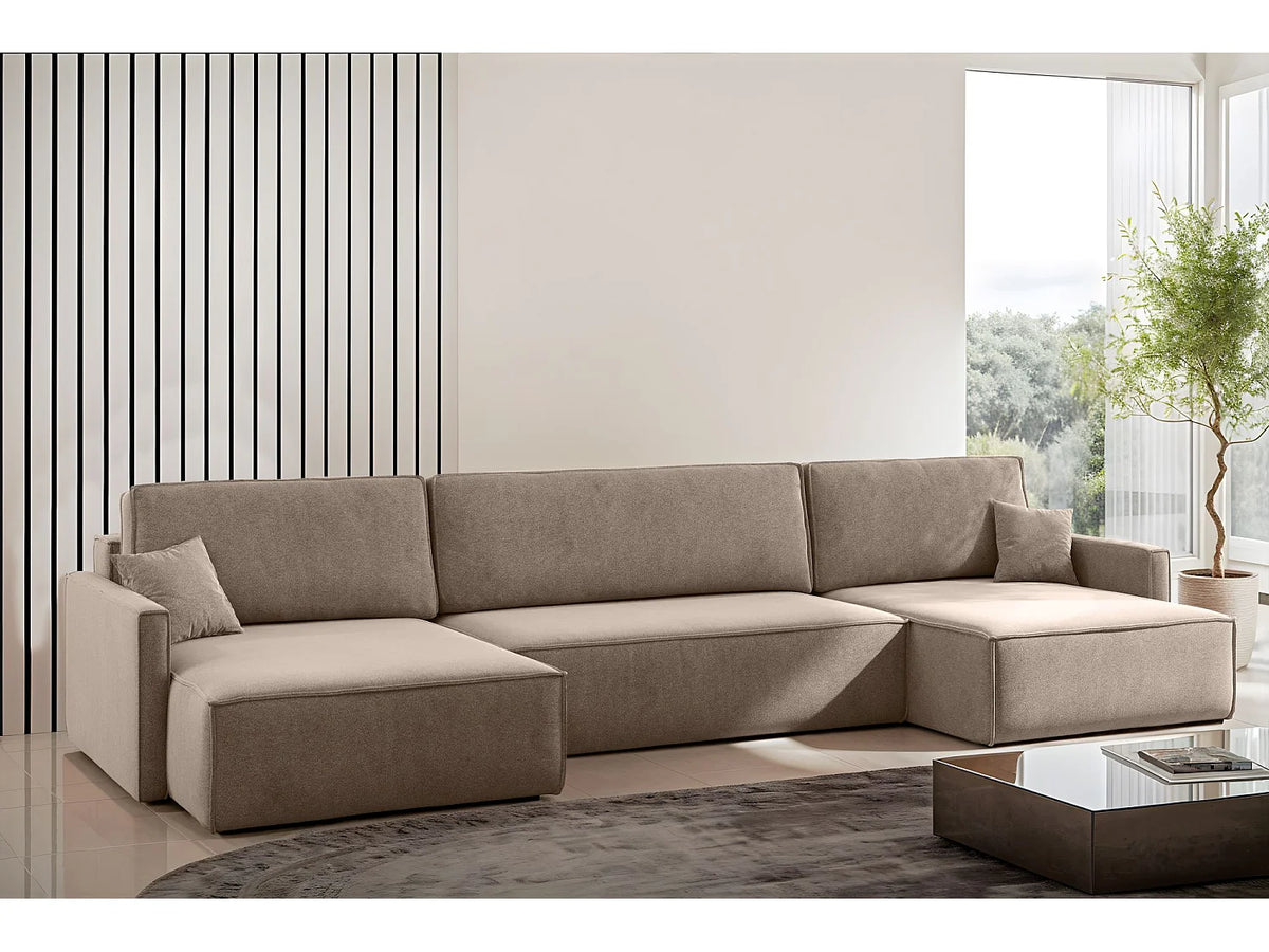 Canapé Panoramique d'Angle Convertible avec Coffre en Tissu Marron / Beige 4 Places - CARLOS