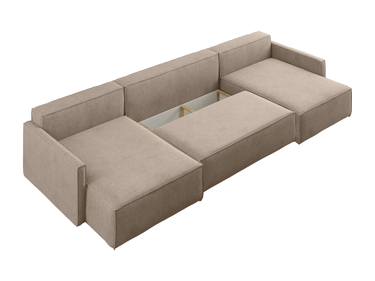 Canapé Panoramique d'Angle Convertible avec Coffre en Tissu Marron / Beige 4 Places - CARLOS