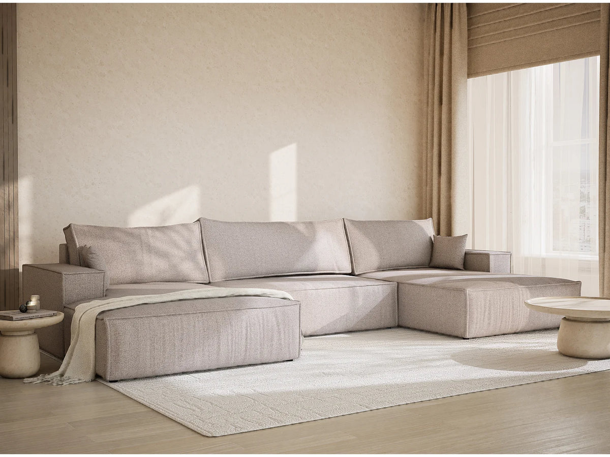 Canapé Panoramique d'Angle XXL Convertible en Tissu Beige 6 Places - KYOTO