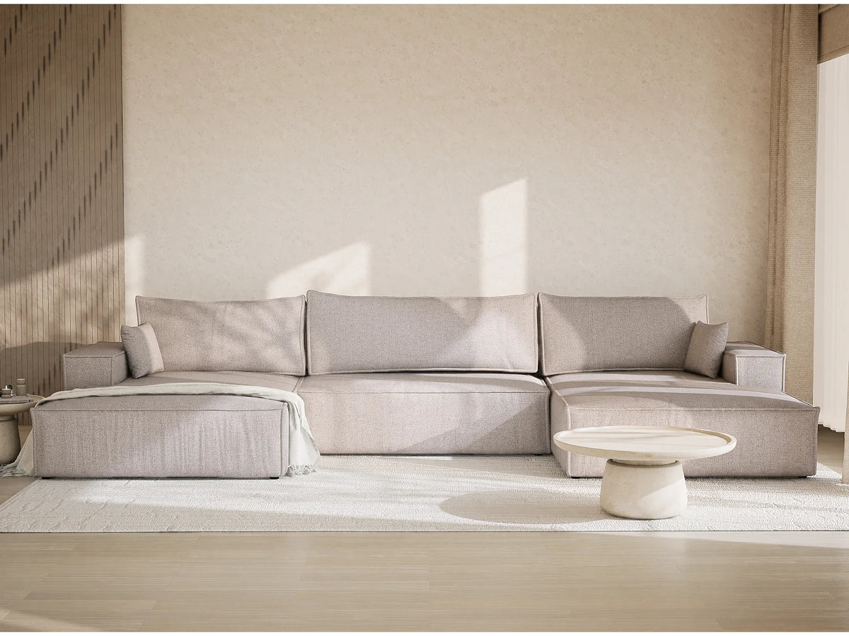 Canapé Panoramique d'Angle XXL Convertible en Tissu Beige 6 Places - KYOTO