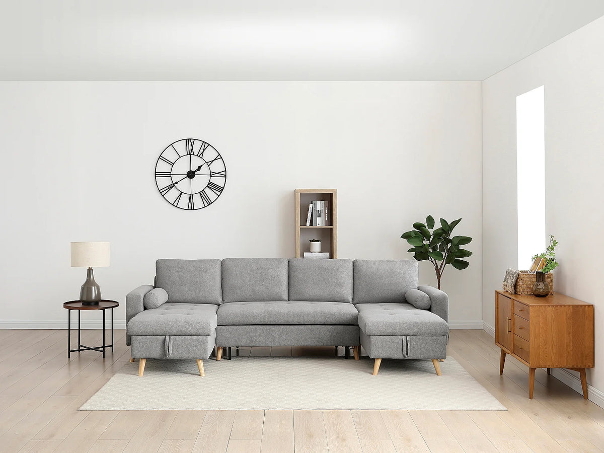 Canapé Panoramique d'Angle Convertible en Tissu Gris clair - KORI