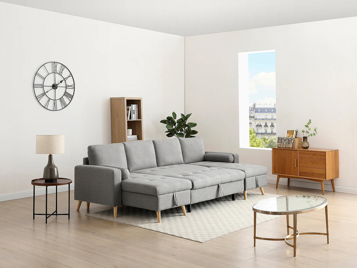 Canapé Panoramique d'Angle Convertible en Tissu Gris clair - KORI