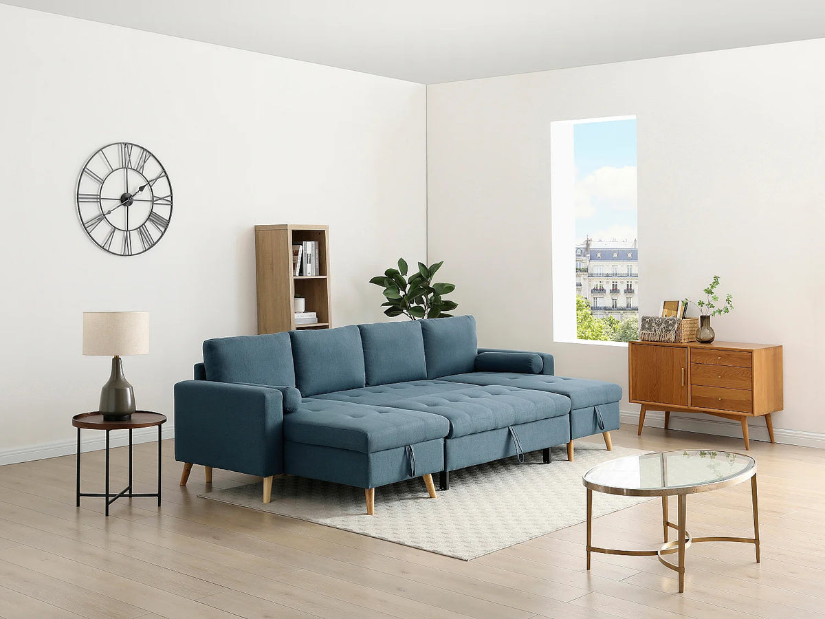 Canapé Panoramique d'Angle Convertible en Tissu Bleu canard - KORI