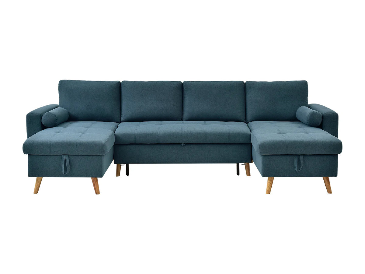 Canapé Panoramique d'Angle Convertible en Tissu Bleu canard - KORI